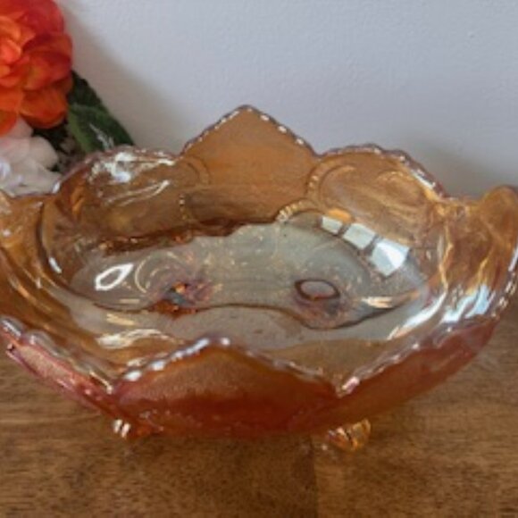 Jeanette Glass Marigold Carnival Dish Vintage Lombardi Pattern Iridescent Oval B - Picture 3 of 5